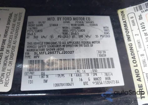 2007 Lincoln Navigator L z USA, uszkodzony, nr VIN 5LMFL28577LJ20327